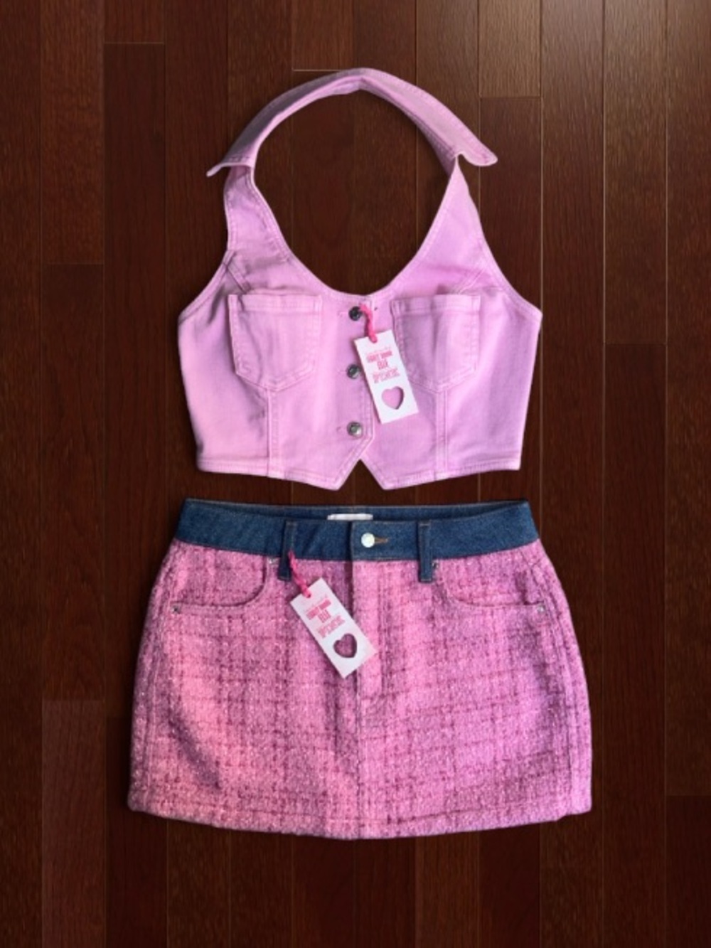 🆕🩷 Elle Denim Halter Crop Top & Denim Tweed Mini Skirt Victoria’s Secret NWT